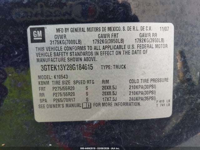 44562819 :رقم المزاد ، 3GTEK13Y28G184615 vin ، 2008 Gmc Sierra 1500 Slt مزاد بيع