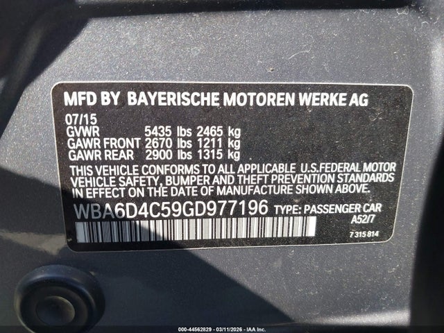 2016 Bmw 650i Gran Coupe მანქანა იყიდება აუქციონზე, vin: WBA6D4C59GD977196, აუქციონის ნომერი: 44562829