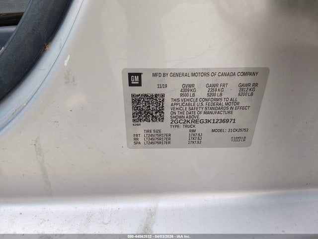 44562832 :رقم المزاد ، 2GC2KREG3K1236971 vin ، 2019 Chevrolet Silverado 2500hd Wt مزاد بيع