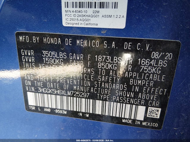 44562878 :رقم المزاد ، 3HGGK5H6XLM725297 vin ، 2020 Honda Fit Sport مزاد بيع