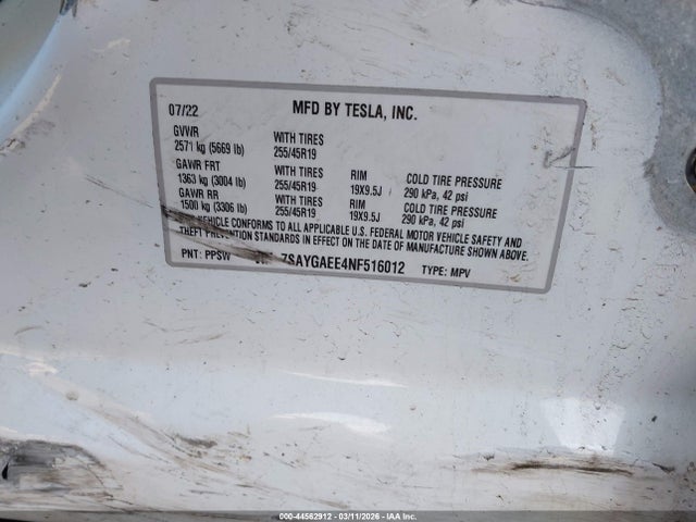 Aukcja sprzedaży 2022 Tesla Model Y Long Range Dual Motor All-wheel Drive, vin: 7SAYGAEE4NF516012, numer aukcji: 44562912