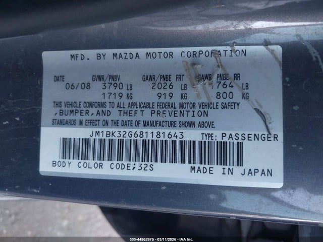 44562975 :رقم المزاد ، JM1BK32G681181643 vin ، 2008 Mazda Mazda3 I Touring Value مزاد بيع