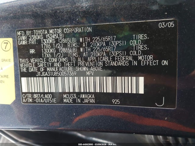 44562995 :رقم المزاد ، JTJGA31U850057369 vin ، 2005 Lexus Rx 330 مزاد بيع