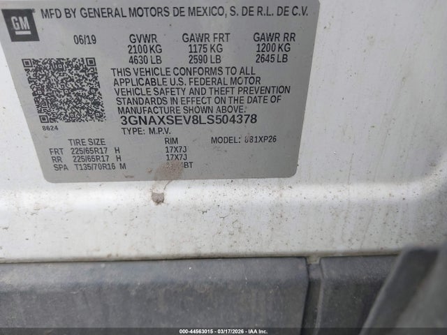 Auction sale of the 2020 Chevrolet Equinox Awd Ls, vin: 3GNAXSEV8LS504378, lot number: 44563015