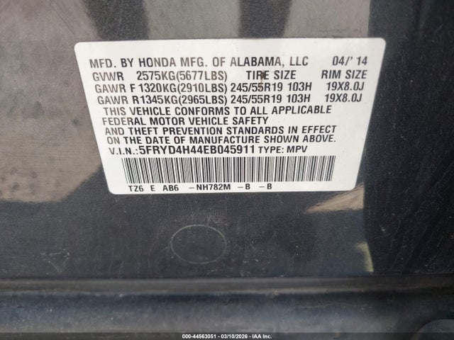 2014 Acura Mdx Technology Package მანქანა იყიდება აუქციონზე, vin: 5FRYD4H44EB045911, აუქციონის ნომერი: 44563051