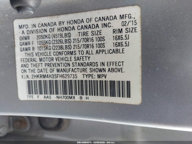 44563075 :رقم المزاد ، 2HKRM4H35FH629735 vin ، 2015 Honda Cr-v Lx مزاد بيع