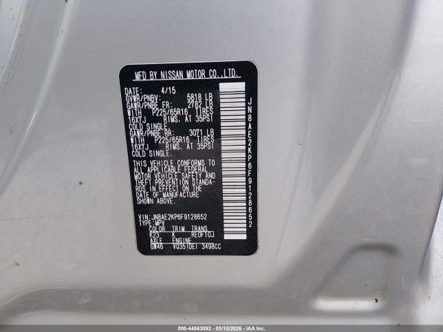 Aukcja sprzedaży 2015 Nissan Quest Sv, vin: JN8AE2KP6F9128652, numer aukcji: 44563092