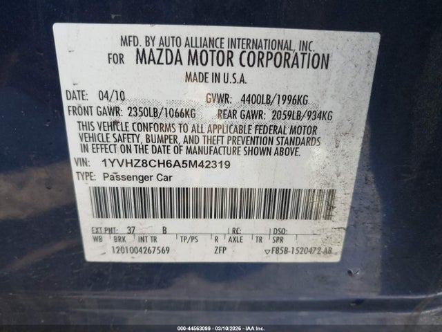44563099 :رقم المزاد ، 1YVHZ8CH6A5M42319 vin ، 2010 Mazda Mazda6 I Touring مزاد بيع
