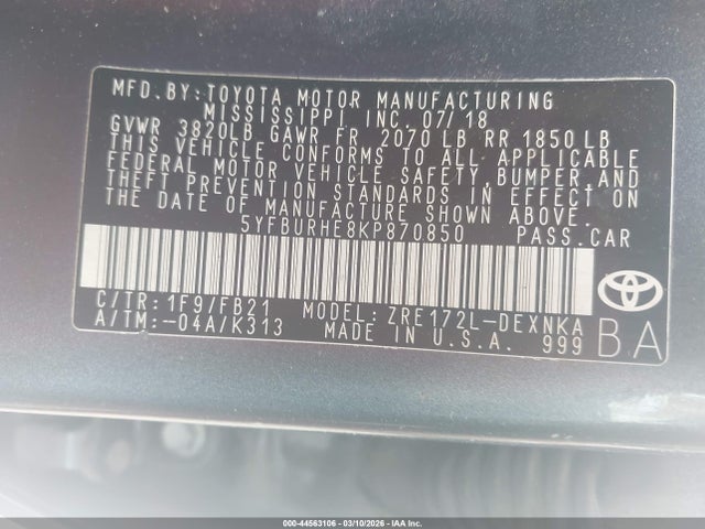2019 TOYOTA COROLLA 5YFBURHE8KP870850 Photo 8