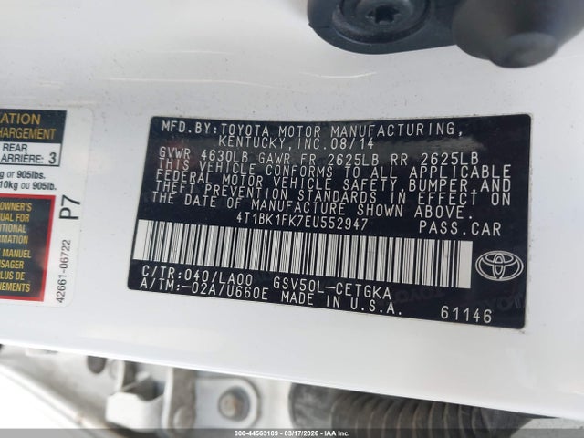Toyota Camry Xle V6 2014 4T1BK1FK7EU552947 Image 9