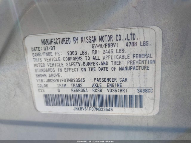 Aukcja sprzedaży 2007 Infiniti G35x, vin: JNKBV61F07M823545, numer aukcji: 44563125
