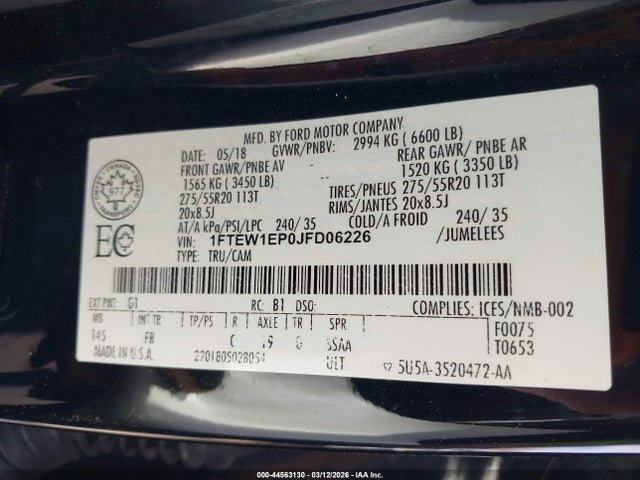 44563130 :رقم المزاد ، 1FTEW1EP0JFD06226 vin ، 2018 Ford F-150 Xlt مزاد بيع