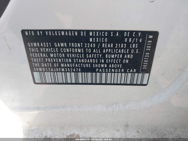 Aukcja sprzedaży 2015 Volkswagen Jetta 1.8t Se, vin: 3VWD17AJ0FM352478, numer aukcji: 44563139