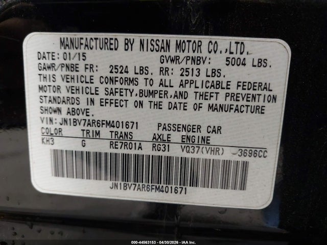 44563153 :رقم المزاد ، JN1BV7AR6FM401671 vin ، 2015 Infiniti Q50 Premium/sport مزاد بيع