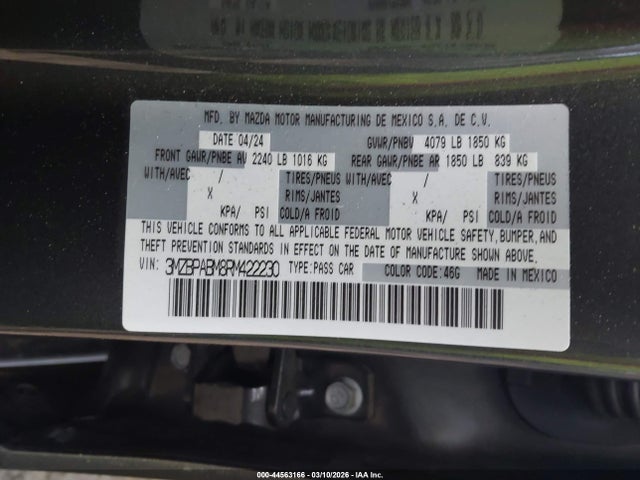 2024 Mazda Mazda3 2.5 S Select Sport მანქანა იყიდება აუქციონზე, vin: 3MZBPABM8RM422230, აუქციონის ნომერი: 44563166