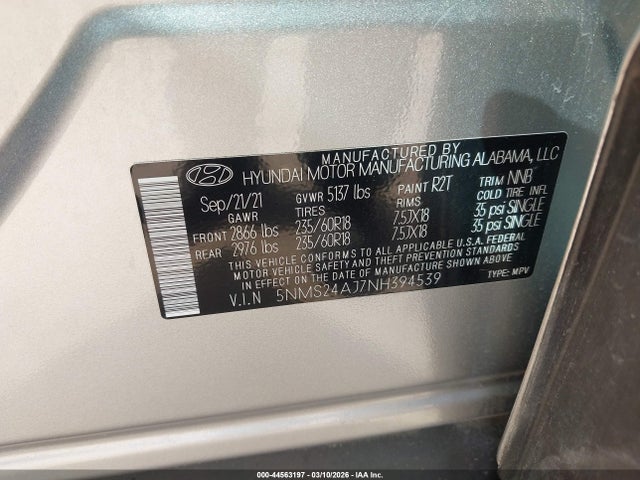Aukcja sprzedaży 2022 Hyundai Santa Fe Sel, vin: 5NMS24AJ7NH394539, numer aukcji: 44563197