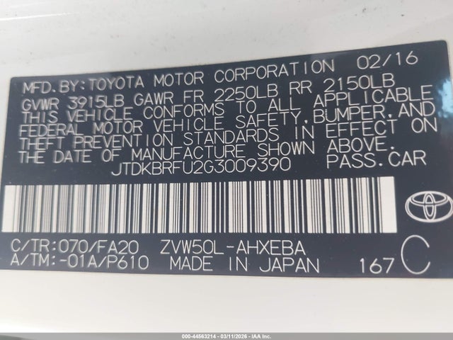 JTDKBRFU2G3009390 Toyota Prius Two