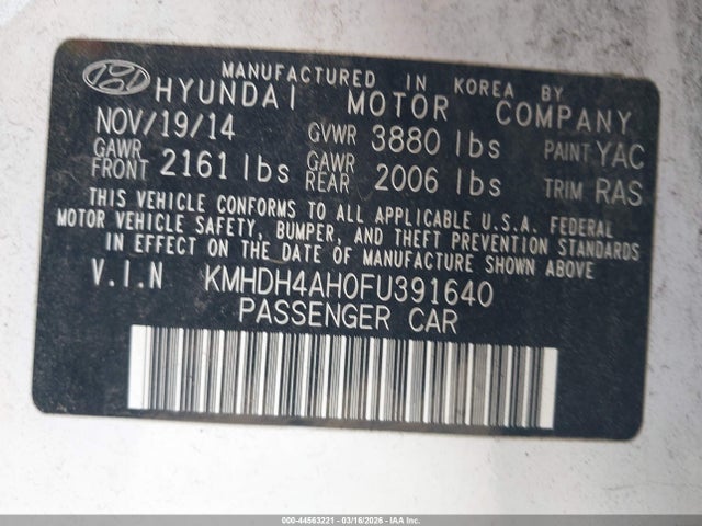 44563221 :رقم المزاد ، KMHDH4AH0FU391640 vin ، 2015 Hyundai Elantra Sport مزاد بيع