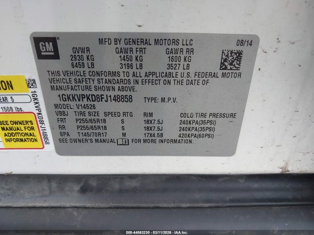 Продаж на аукціоні авто 2015 Gmc Acadia Sle-2, vin: 1GKKVPKD8FJ148858, номер лоту: 44563230