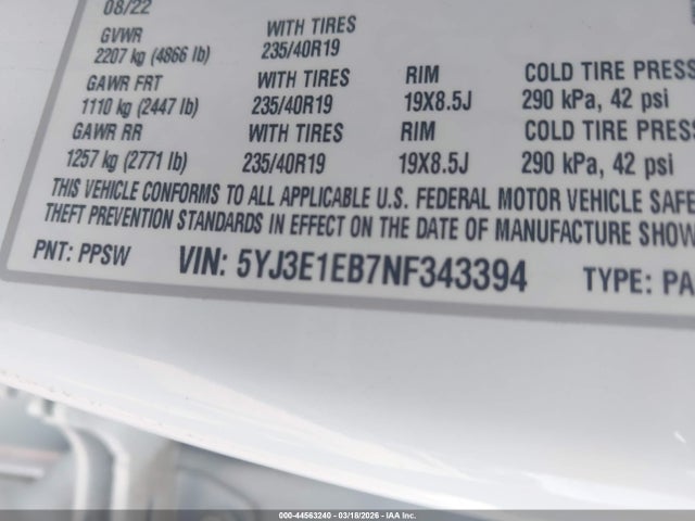 44563240 :رقم المزاد ، 5YJ3E1EB7NF343394 vin ، 2022 Tesla Model 3 Long Range Dual Motor All-wheel Drive مزاد بيع