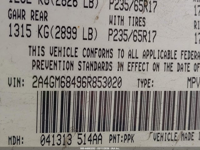 Продаж на аукціоні авто 2006 Chrysler Pacifica Touring, vin: 2A4GM68496R853020, номер лоту: 44563252
