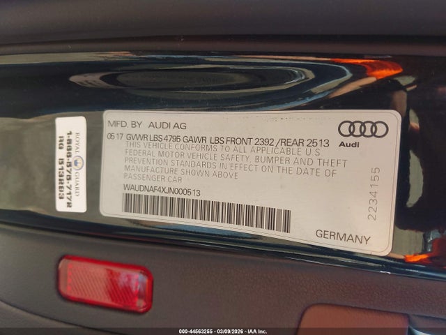 44563255 :رقم المزاد ، WAUDNAF4XJN000513 vin ، 2018 Audi A4 2.0t Premium/2.0t Tech Premium مزاد بيع