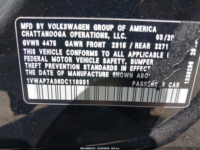 2013 Volkswagen Passat S მანქანა იყიდება აუქციონზე, vin: 1VWAP7A36DC118931, აუქციონის ნომერი: 44563270
