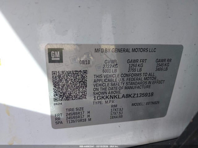 Aukcja sprzedaży 2019 Gmc Acadia Sle-1, vin: 1GKKNKLA8KZ135918, numer aukcji: 44563341
