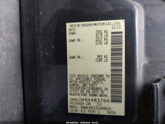 2012 Nissan Altima 2.5 S მანქანა იყიდება აუქციონზე, vin: 1N4AL2AP4CN483766, აუქციონის ნომერი: 44563357