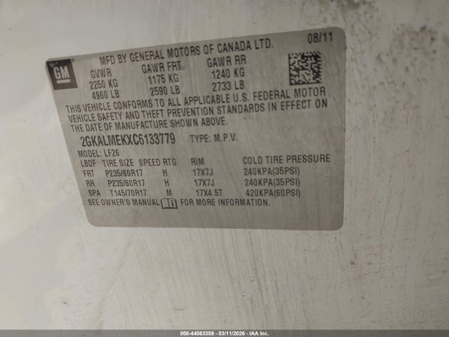 44563359 :رقم المزاد ، 2GKALMEKXC6133779 vin ، 2012 Gmc Terrain Sle-1 مزاد بيع
