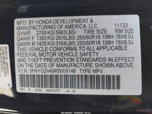 Продаж на аукціоні авто 2024 Honda Pilot Ex-l, vin: 5FNYG2H49RB009148, номер лоту: 44563361