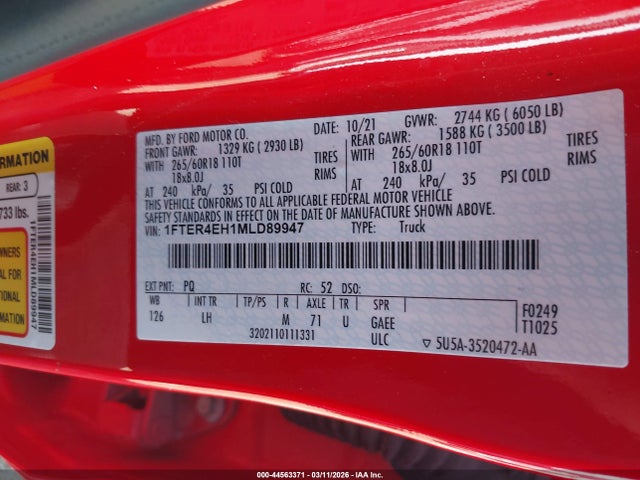 Ford RANGER XL 2021 1FTER4EH1MLD89947 Image 9