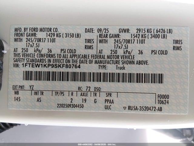Aukcja sprzedaży 2025 Ford F-150 Xl, vin: 1FTEW1KP9SKF80764, numer aukcji: 44563382