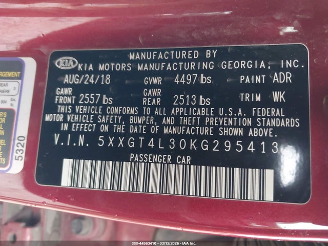 2019 Kia Optima S მანქანა იყიდება აუქციონზე, vin: 5XXGT4L30KG295413, აუქციონის ნომერი: 44563410