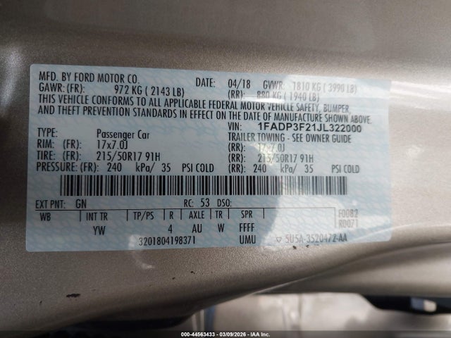 2018 FORD FOCUS 1FADP3F21JL322000 Photo 8