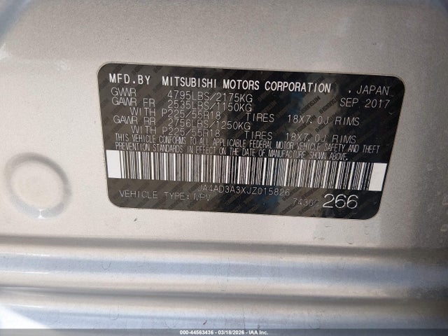 Продажа на аукционе авто 2018 Mitsubishi Outlander Sel, vin: JA4AD3A3XJZ015826, номер лота: 44563436