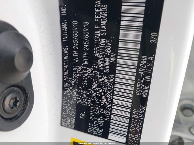 5TDKZRFH9KS337864 Toyota Highlander Xle