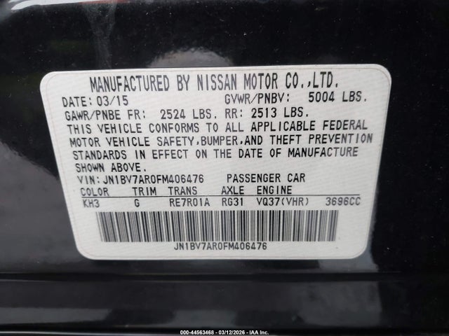 2015 Infiniti Q50 Premium მანქანა იყიდება აუქციონზე, vin: JN1BV7AR0FM406476, აუქციონის ნომერი: 44563468