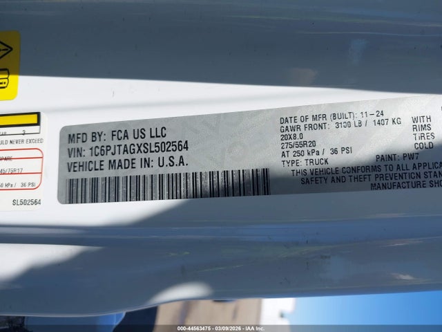 Aukcja sprzedaży 2025 Jeep Gladiator Nighthawk, vin: 1C6PJTAGXSL502564, numer aukcji: 44563475