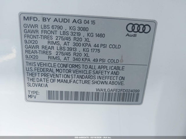 44563478 :رقم المزاد ، WA1LGAFE2FD024099 vin ، 2015 Audi Q7 3.0t Premium مزاد بيع