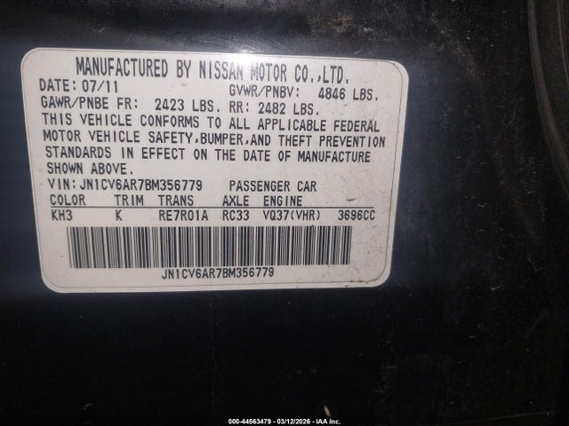 44563479 :رقم المزاد ، JN1CV6AR7BM356779 vin ، 2011 Infiniti G37x مزاد بيع