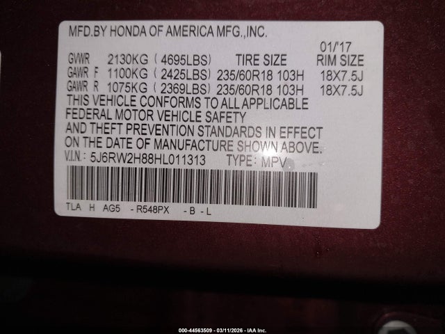 5J6RW2H88HL011313 Honda Cr-v Ex-l/ex-l Navi