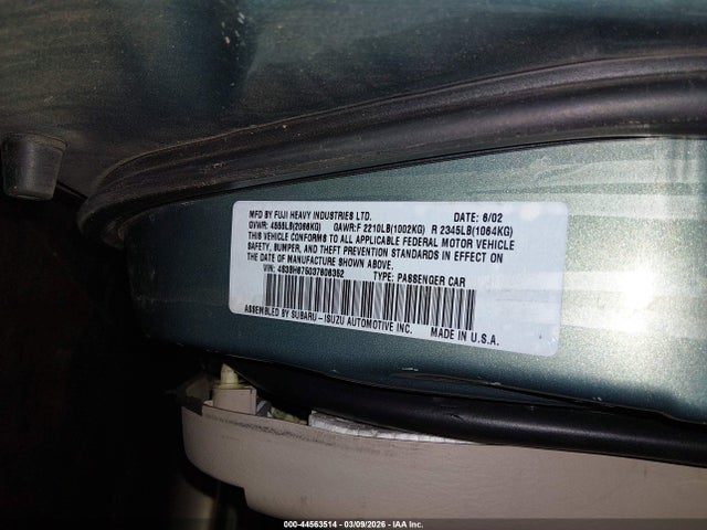 44563514 :رقم المزاد ، 4S3BH675037606352 vin ، 2003 Subaru Outback مزاد بيع
