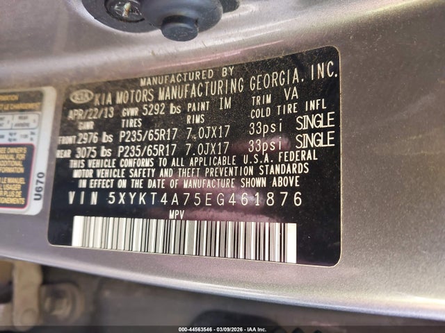 KIA Sorento Lx V6 2014 5XYKT4A75EG461876 Image 9