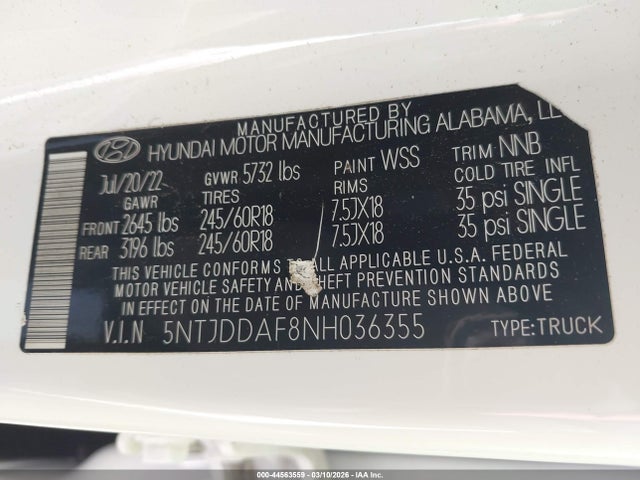2022 Hyundai Santa Cruz Sel Premium მანქანა იყიდება აუქციონზე, vin: 5NTJDDAF8NH036355, აუქციონის ნომერი: 44563559