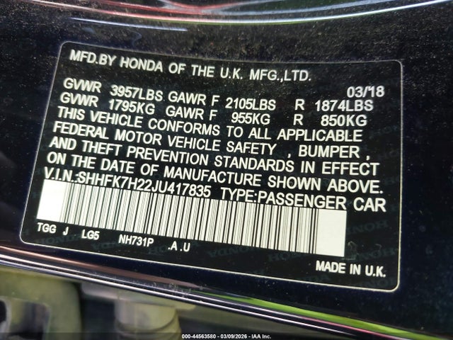 SHHFK7H22JU417835 Honda Civic Lx