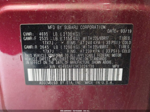 44563582 :رقم المزاد ، 4S4BSAFC9K3326130 vin ، 2019 Subaru Outback 2.5i Premium مزاد بيع