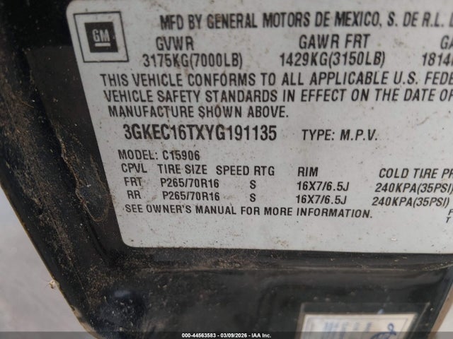 2000 Gmc Yukon Xl 1500 Slt მანქანა იყიდება აუქციონზე, vin: 3GKEC16TXYG191135, აუქციონის ნომერი: 44563583