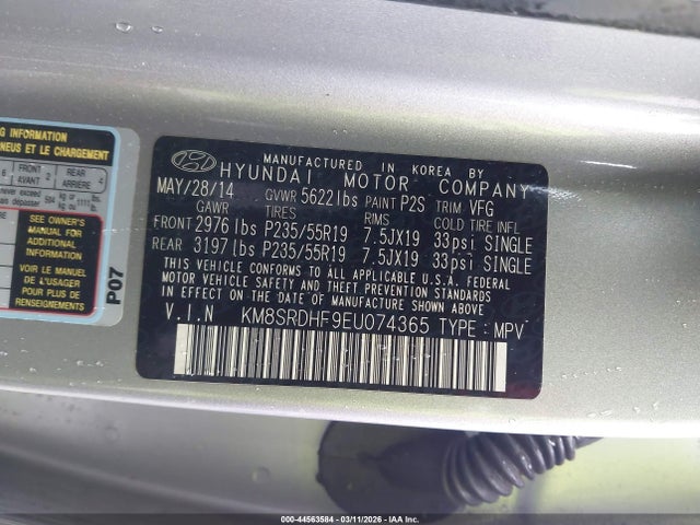 KM8SRDHF9EU074365 Hyundai Santa Fe Limited