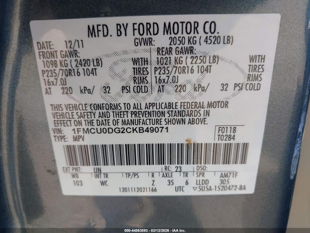 2012 FORD ESCAPE 1FMCU0DG2CKB49071 Photo 8